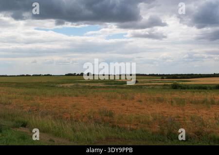 Fields sweep across the Fort Qu’Appelle Valley, meeting a distant line of trees along the horizon as dark rain clouds gather overhead. Stock Photo