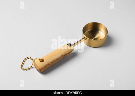 Golden scoop on light background, closeup. Kitchen utensil Stock Photo