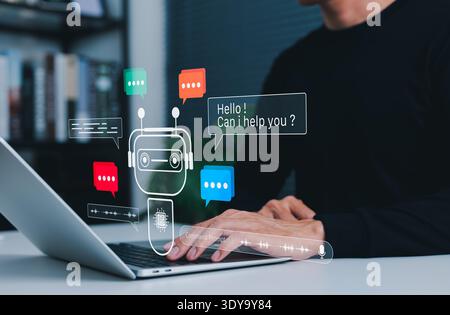 AI Chatbot Concept. Person using smartphone with virtual chat assistant, artificial intelligence technology, online customer support automation, Stock Photo