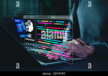 AI coding assistant and programming support. Programmer use laptop with AI coding assistant and colorful program code, Stock Photo