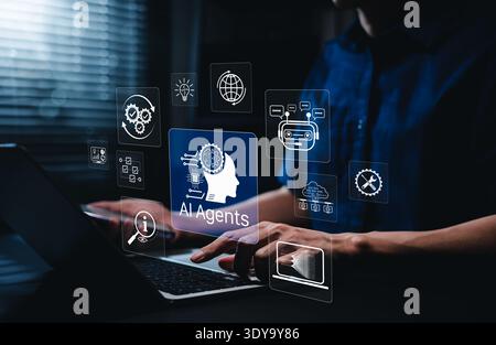 AI agents and intelligent automation concept. Developer using laptop with AI agents interface featuring chatbot, workflow automation, data processing, Stock Photo