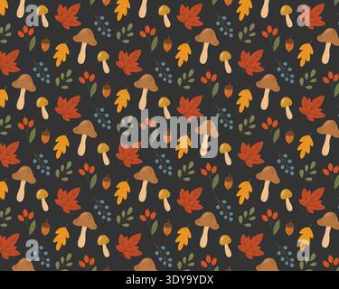 Autumn pattern made of leaves, berries, and mushrooms. Vector illustration. Stock Vector