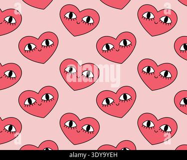 Heart pattern. Cute funny heart characters. Vintage design. Flat style vector illustration. Stock Vector