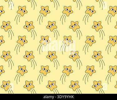 Pattern of yellow meteorites. Cute funny star characters. Vector illustration in flat style. Stock Vector