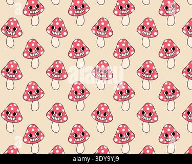 Pattern of toadstools. Cute funny mushroom characters. Vintage design. Flat style vector illustration. Stock Vector