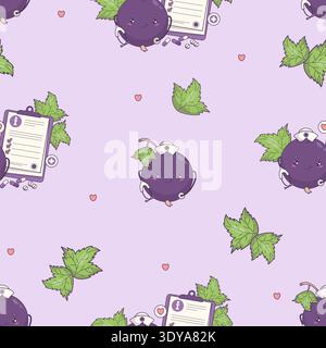 Cute Kawaii Nurse Blackcurrant Girl with Stethoscope Seamless Pattern. Berry Mascot Medical Character on Purple Background with Currant Leaves. Vector Stock Vector