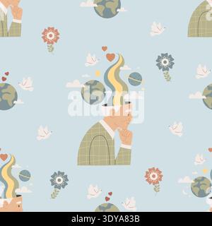 Seamless Pattern Mental Wellness. Senior Man Thinking with Universal Mind and Peace Symbols, Rainbow, Planets and Doves on Blue Background. Vector Fla Stock Vector