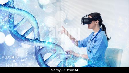 Scientist using VR headset, double exposure with virtual elements. Future technology in biochemistry Stock Photo