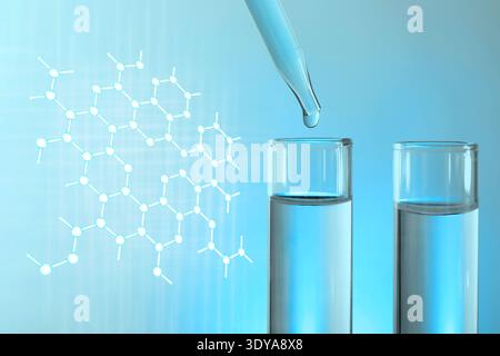 Dropping sample into test tube and hexagonal lattice of carbon atoms on color background. Biochemistry researches Stock Photo