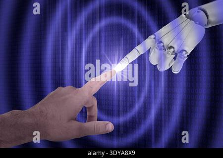 Artificial intelligence neural network, machine learning. Connection between human and robot hands through cyberspace Stock Photo