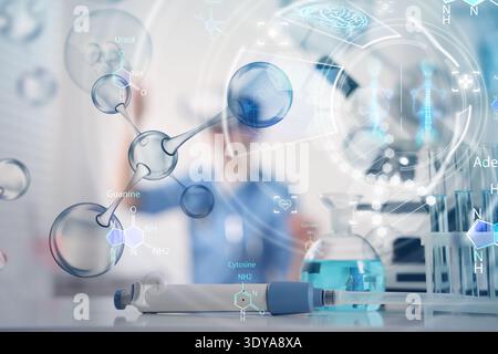 Scientist using VR headset, double exposure with virtual elements. Future technology in biochemistry Stock Photo