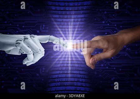 Artificial intelligence neural network, machine learning. Connection between human and robot hands in cyberspace Stock Photo