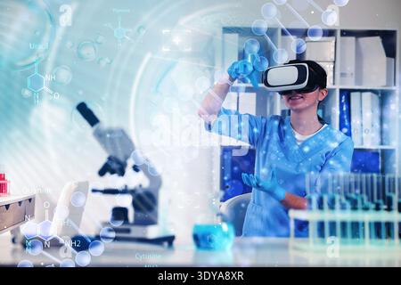 Scientist using VR headset, double exposure with virtual elements. Future technology in biochemistry Stock Photo