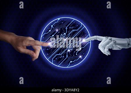Artificial intelligence neural network, machine learning. Connection between human and robot hands in cyberspace against circuit board pattern Stock Photo