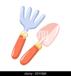 Spring garden tools set with trowel and hand rake. Cartoon vector isolated illustration on white background Stock Vector