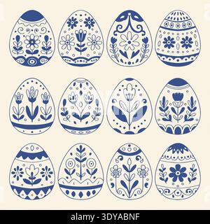Large collection of twelve folk floral Easter eggs with ornamental botanical patterns. Blue outline vector illustration on beige background Stock Vector