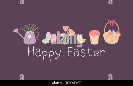 Happy easter greeting card vector illustration. Cute flat spring holiday composition with chick, egg, flower and basket. Festive postcard design for Stock Vector