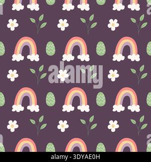 Rainbow easter seamless pattern vector. Cute flat rainbow, flower and decorated egg illustration. Spring holiday repeat background for fabric, textile Stock Vector