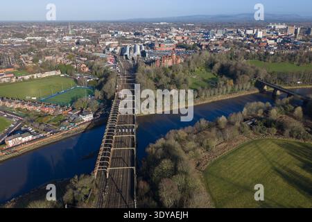 Aerial image of the West Coast Main Line railway bridge in Preston Stock Photo