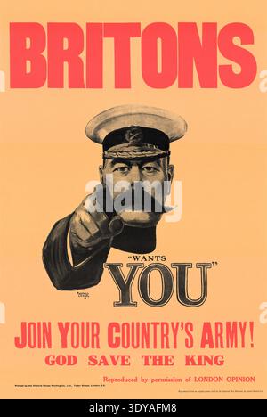 Iconic World War I recruitment poster featuring Lord Kitchener pointing directly at the viewer, urging enlistment in the British Army Stock Photo