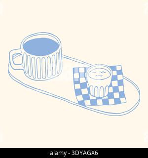 Hand drawn coffee mug and small cup on tray with checkered napkin in minimalist blue line style. Cozy cafe vector illustration perfect for menu design Stock Vector