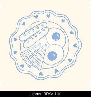 Hand drawn breakfast plate with fried eggs, sandwich and sausages in blue outline style. Minimalist brunch vector illustration ideal for cafe menu Stock Vector