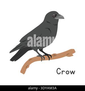 Black crow perched on tree branch vector illustration, cartoon clipart character, animal in flat style. Wild animals, avian, birds concept Stock Vector