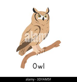 Great horned owl perched on tree branch vector illustration, cartoon clipart character, animal in flat style. Wild animals, avian, birds concept Stock Vector