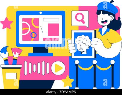 Online Art Exhibition Virtual Gallery Digital Artwork Showcase Illustration Featuring People Viewing Creative Paintings Through Laptop Screen Stock Vector
