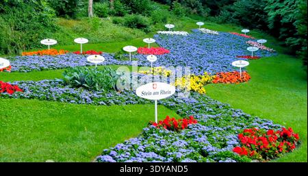 Colorful flower garden design in Stein am Rhein shows different plants and labels on a sunny day Stock Photo