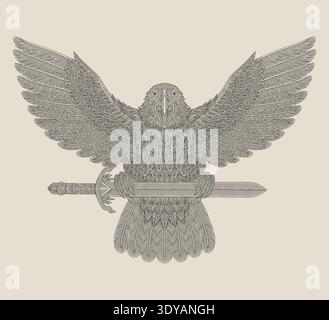 Eagle bringing an ancient sword, Vintage engraving drawing style illustration Stock Vector