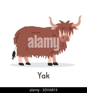 Yak vector illustration. Cute long-haired yak cartoon clipart, animal in flat style. Farm animals concept, rural farming. Livestock animal yak vector Stock Vector