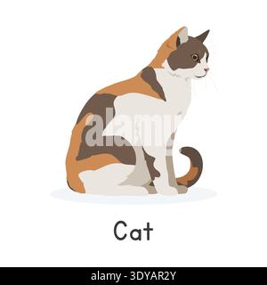 Cat vector illustration. Cute Calico cat cartoon clipart, animal in flat style. Farm animals concept, rural farming. Livestock animal cat vector Stock Vector