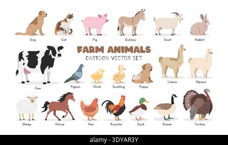 Farm animals vector illustration set. Domestic animals cartoon clipart set in flat style. Dog, cat, pig, donkey, goat, turkey, rabbit, dairy cow Stock Vector