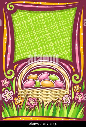 Vector poster for Easter holiday with copy space, dark frame with yellow & pink wildflowers, rustic pottle with pile of colorful eggs on grass, letter Stock Vector