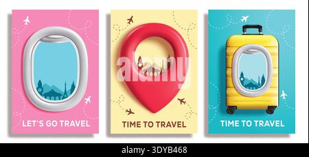 Travel Time clipart poster set design. Let's go Travel and Time to Travel text clip art with airplane window, location pin and luggage bag traveler Stock Vector