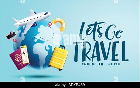 Let's go Travel clipart banner template. Let's go travel around the world text clip art with globe and other summer and traveler elements in simple Stock Vector