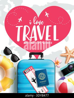Travel clipart poster design. I love Travel around the world text in heart shape clip art with summer and traveler elements in map background Stock Vector