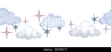 Seamless childrens border with clouds, stars in pastel color. Watercolor illustration. Hand drawn isolated art. Cartoon children sketch for decorating Stock Photo