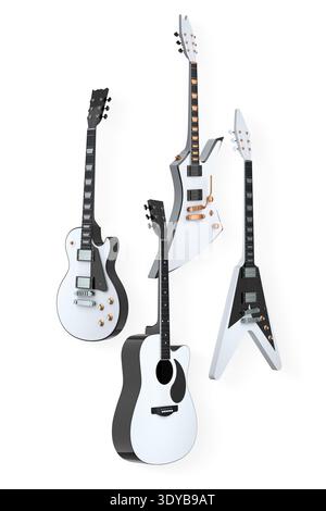Set of electric and acoustic guitars with unique body shapes isolated on white background, concept of music variety. Stock Photo