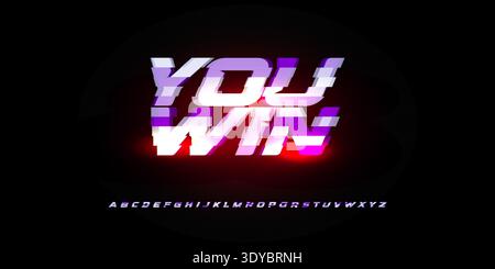 Neon Glitch Futuristic Typography Gaming Victory Esports Digital Alphabet Font Gradient Vibrant Glow Cyberpunk Headline Promo UI Interface Dynamic Stock Vector