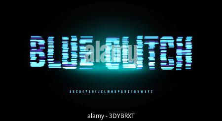 Digital Glitch Font Logo Alphabet Button, Turquoise Neon Glowing Light Future Noise Effect Letter Signs Set, Computer Game Typographic Design Stock Vector