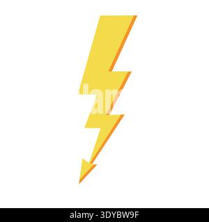 Lightning bolt illustration bright yellow with orange outline representing electric power and danger Stock Vector