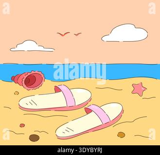 A vibrant and lively beach scene showcasing colorful flip flops, beautiful seashells, and a clear blue sky Stock Photo