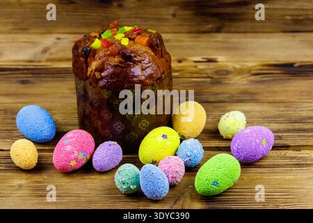 Easter cake and easter eggs on a wooden table Stock Photo