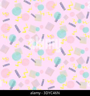 Seamless geometric pattern with colorful shapes and Memphis style elements on a soft pink background. Ideal for textile, wallpaper, packaging, and sur Stock Vector