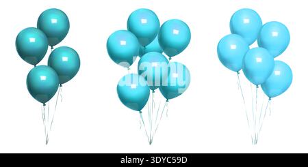 Balloon colored bunch float, 3d blue birthday gift mockup. String bound realistic vector element for invitation, round party icon set. Set of Stock Vector