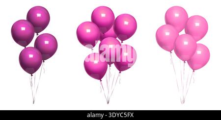 Pink balloon bday bunch, 3d birthday violet balls float ribbon. Purple minimal vector balons on thin string, happy anniversary party decor mockup. Air Stock Vector
