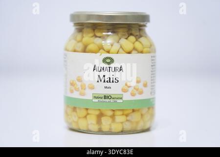 Organic corn in glass, Alnatura, screw jar, organic, canned, sweet corn, preserved, preserved, shelf life Stock Photo