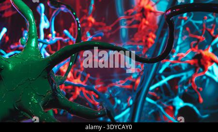 Neuron network communicating signals in abstract brain activity representation Stock Photo